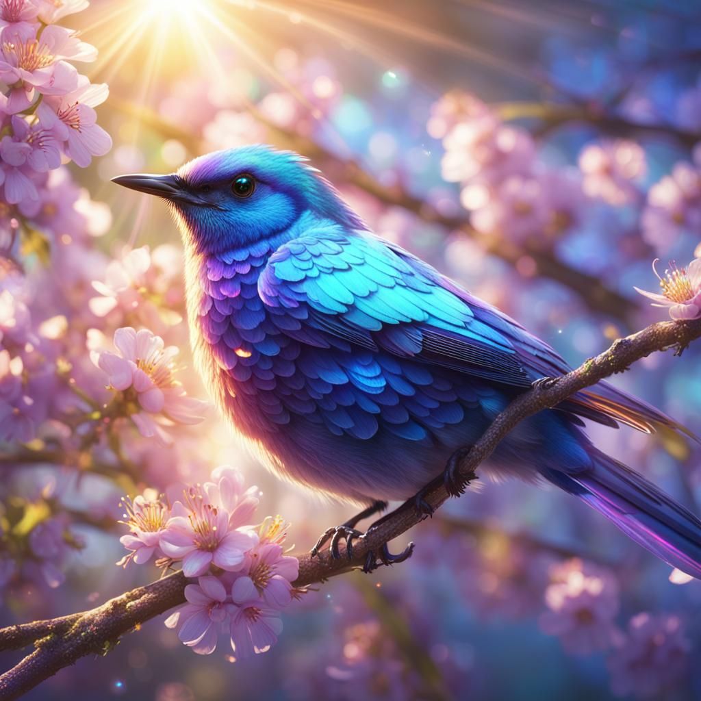 Iridescent Bird on Blooming Branch in Fantasy Art