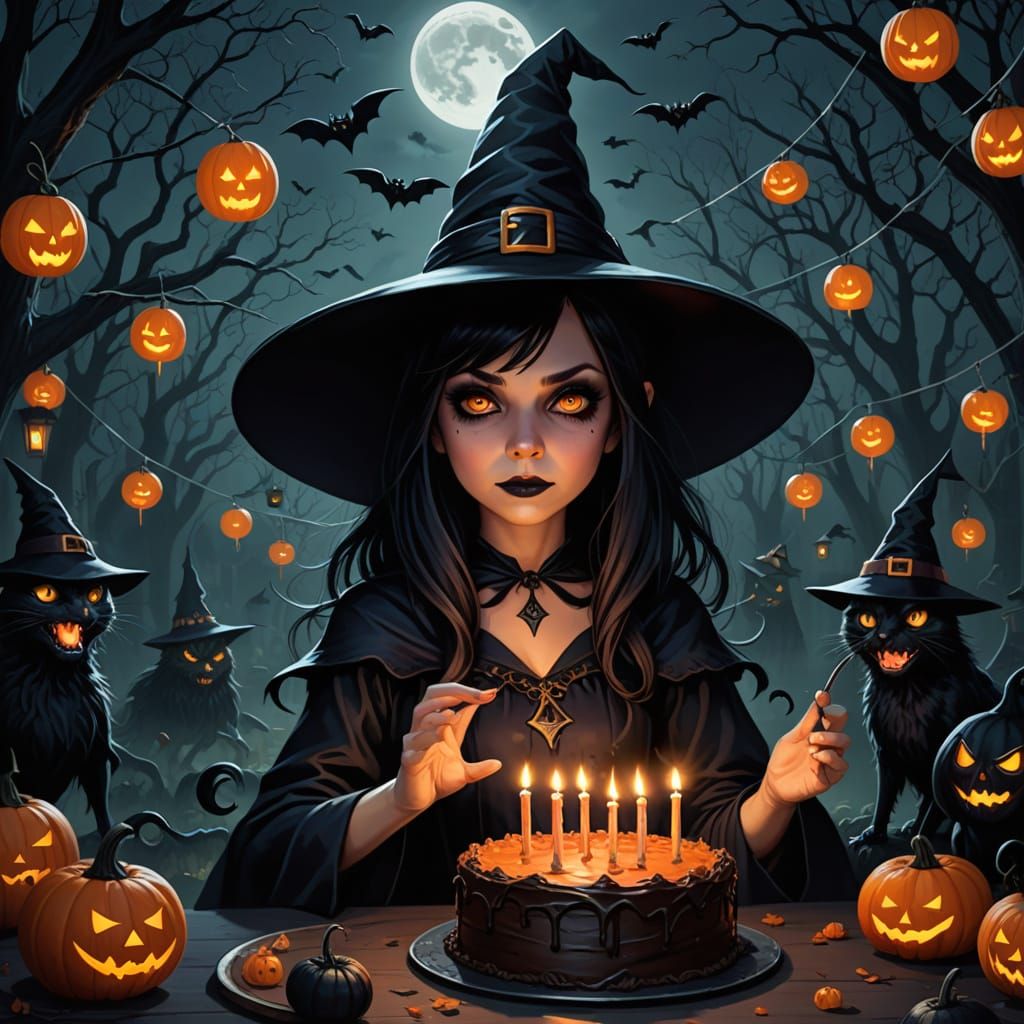 Cute Witch Birthday Party in Dark Fantasy Style