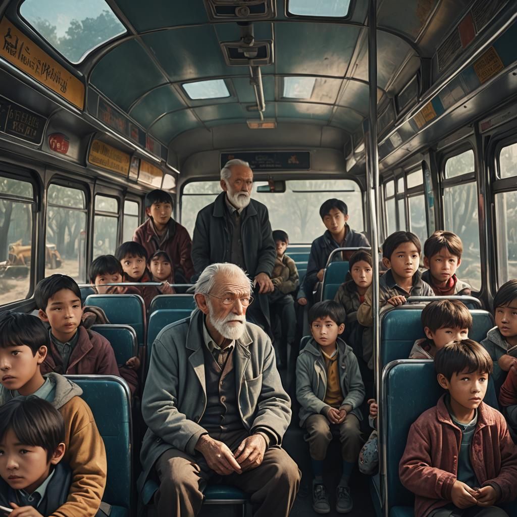 Detailed Matte Painting of Old Man on Bus