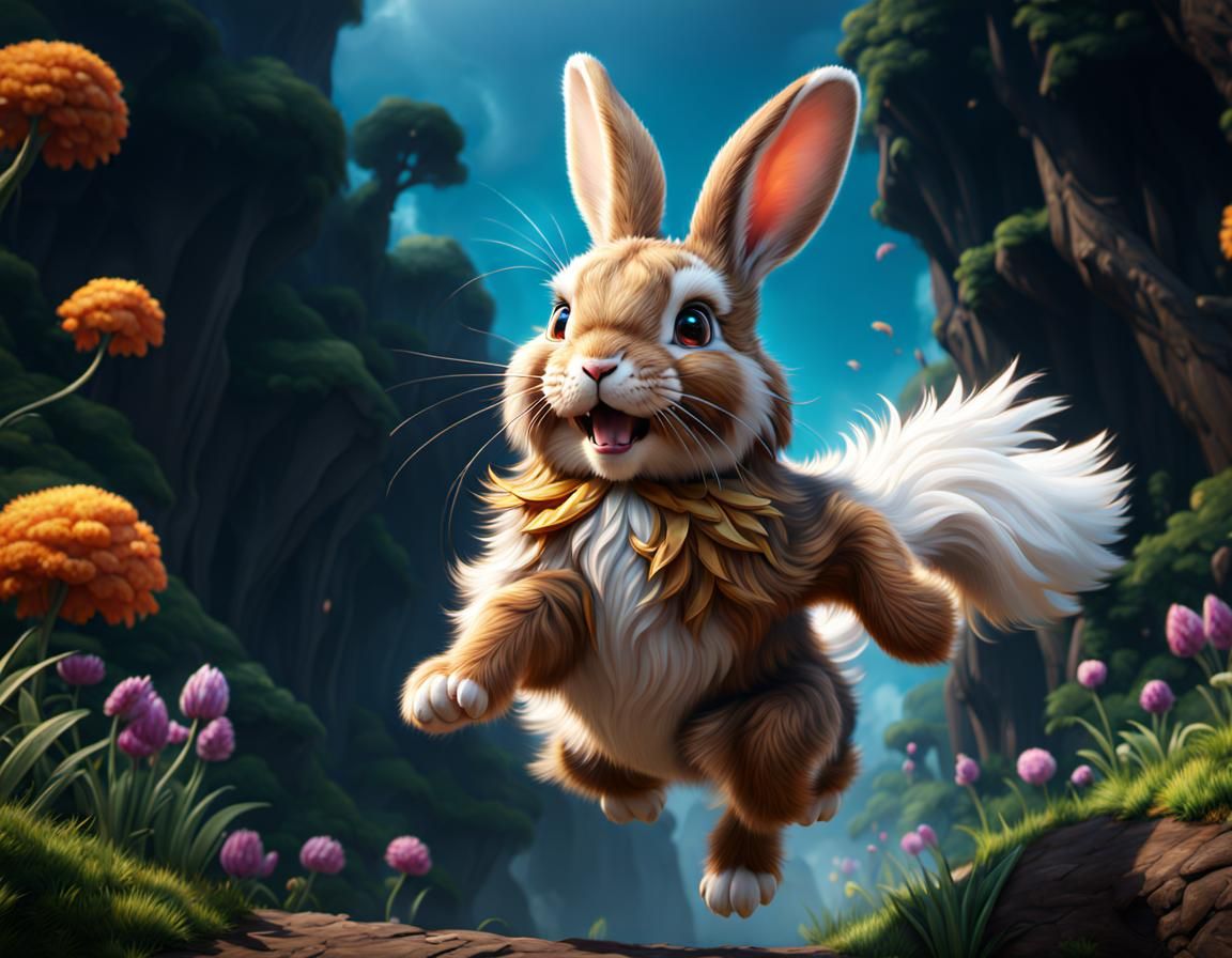 Joyful Fluffy Rabbit Jumping, Detailed Digital Painting
