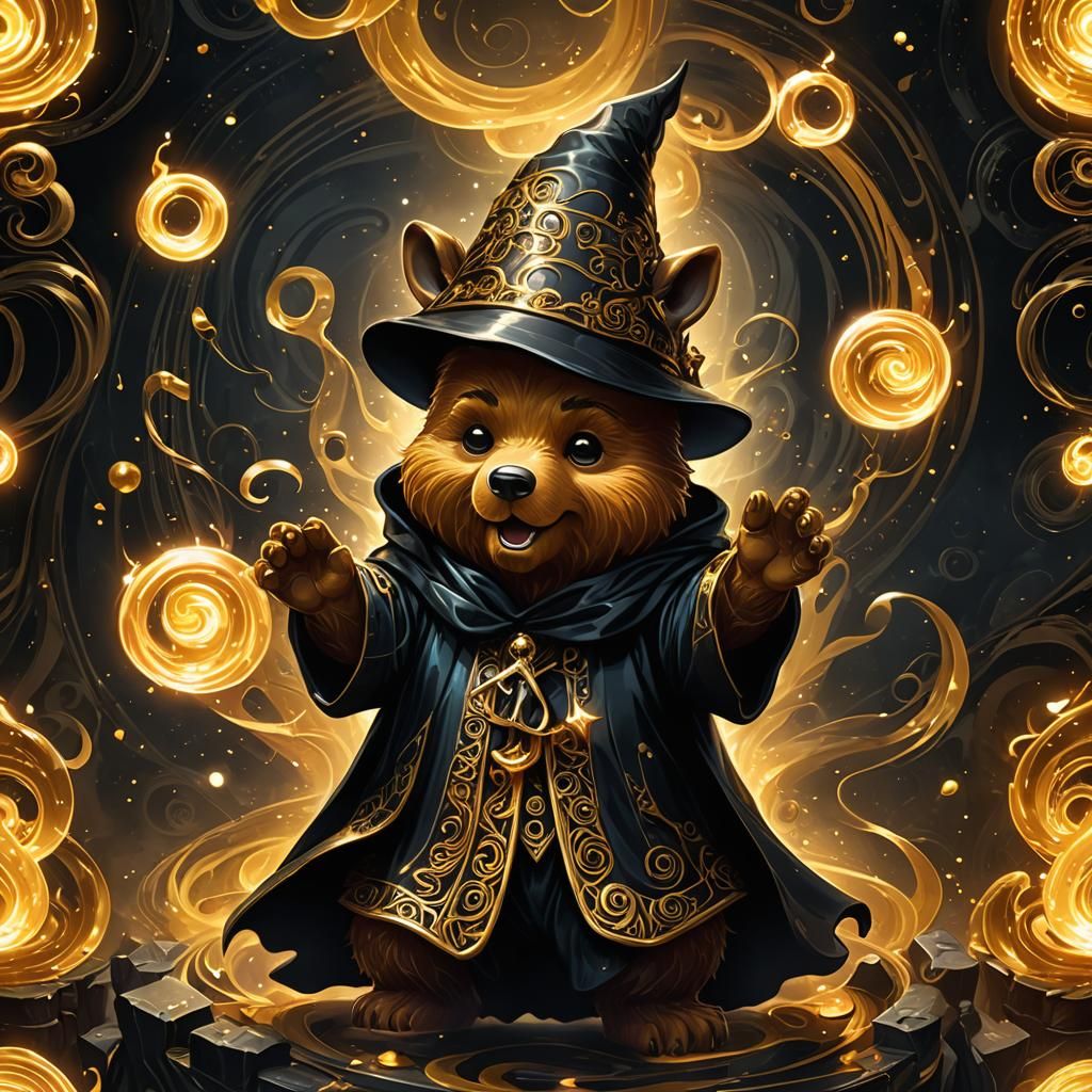 Pitch black cute  Gummy bear wizard with big ears battling a...