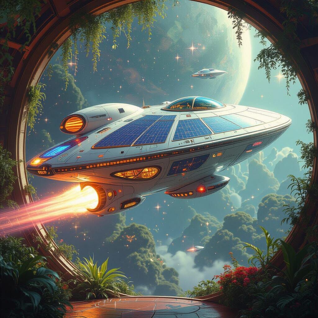 Rose Spaceship Soaring Through Cosmos in Art Nouveau Style