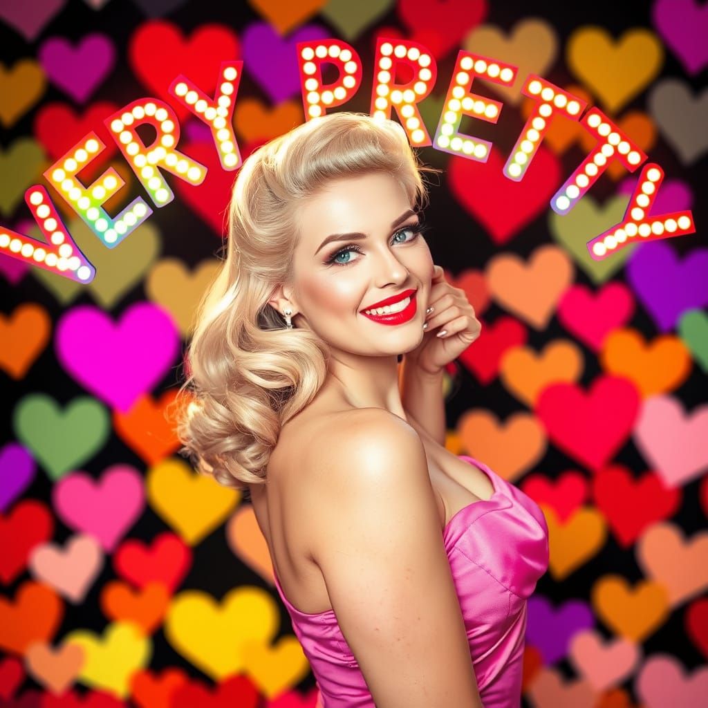 Retro Pin-Up Girl Surrounded by Hearts in Rainbow Letters