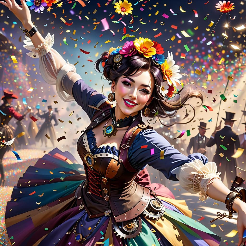 Steampunk Flower Confetti Ladies Dancing in Whimsical Harmon...