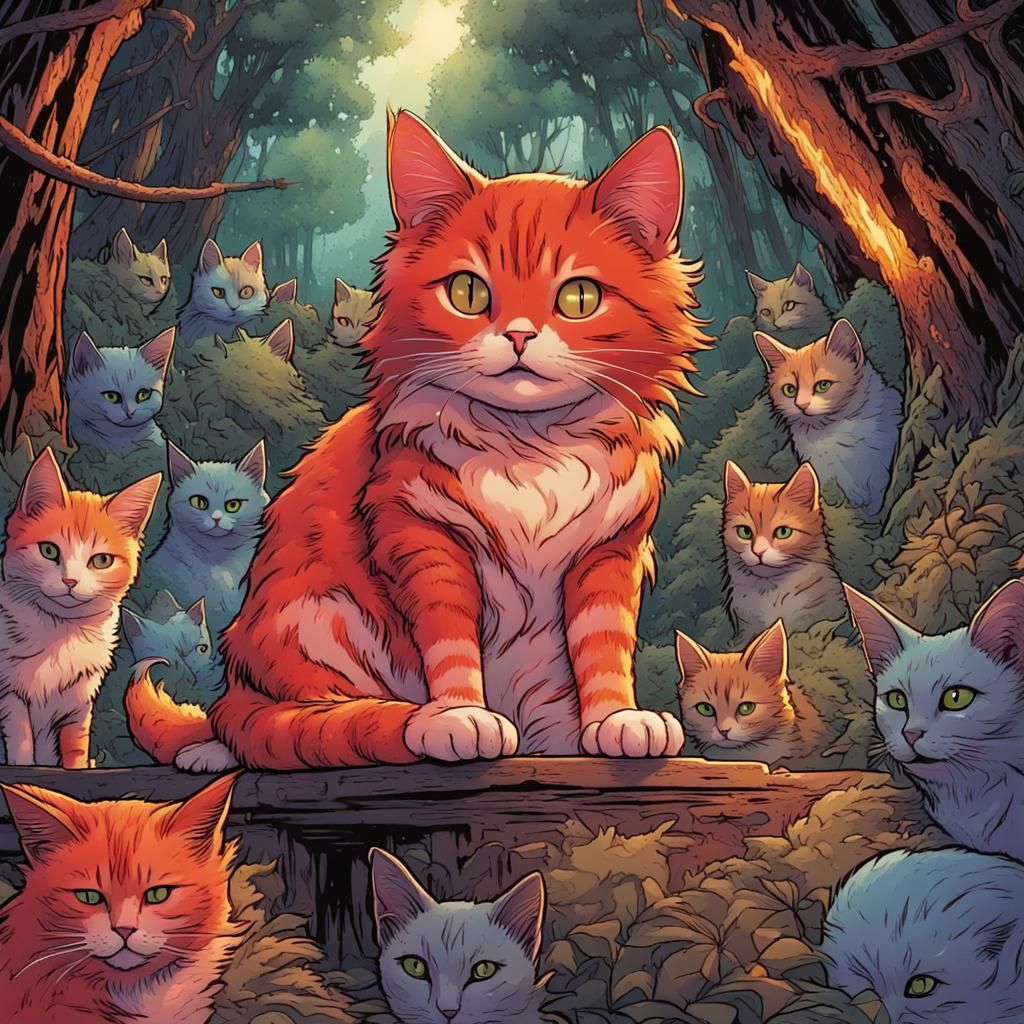 Fiery Tabby Cat in Forest, Comic Book Art