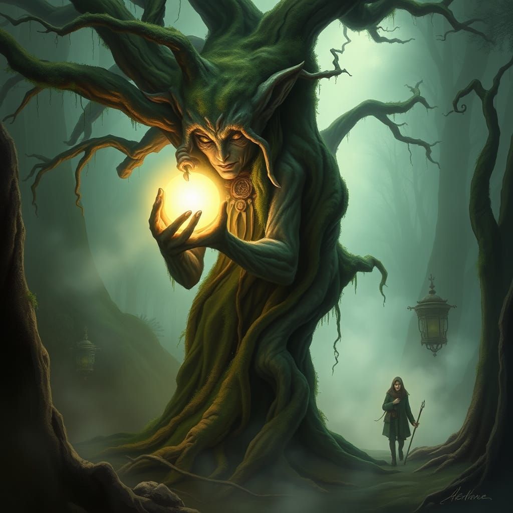 Ancient Tree Spirit Illuminates Lost Traveler in Ethereal Fo...