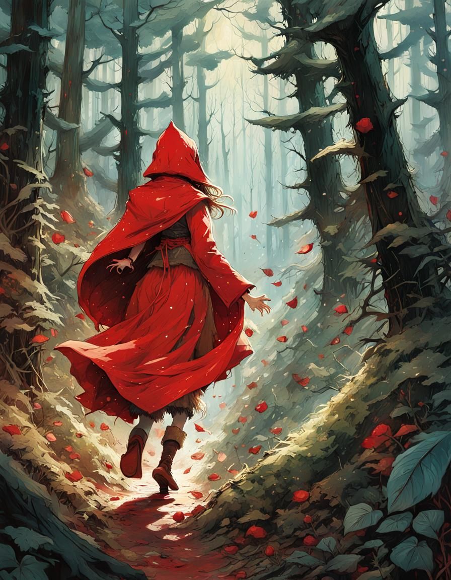 Little Red Riding Hood Runs Through Detailed Forest
