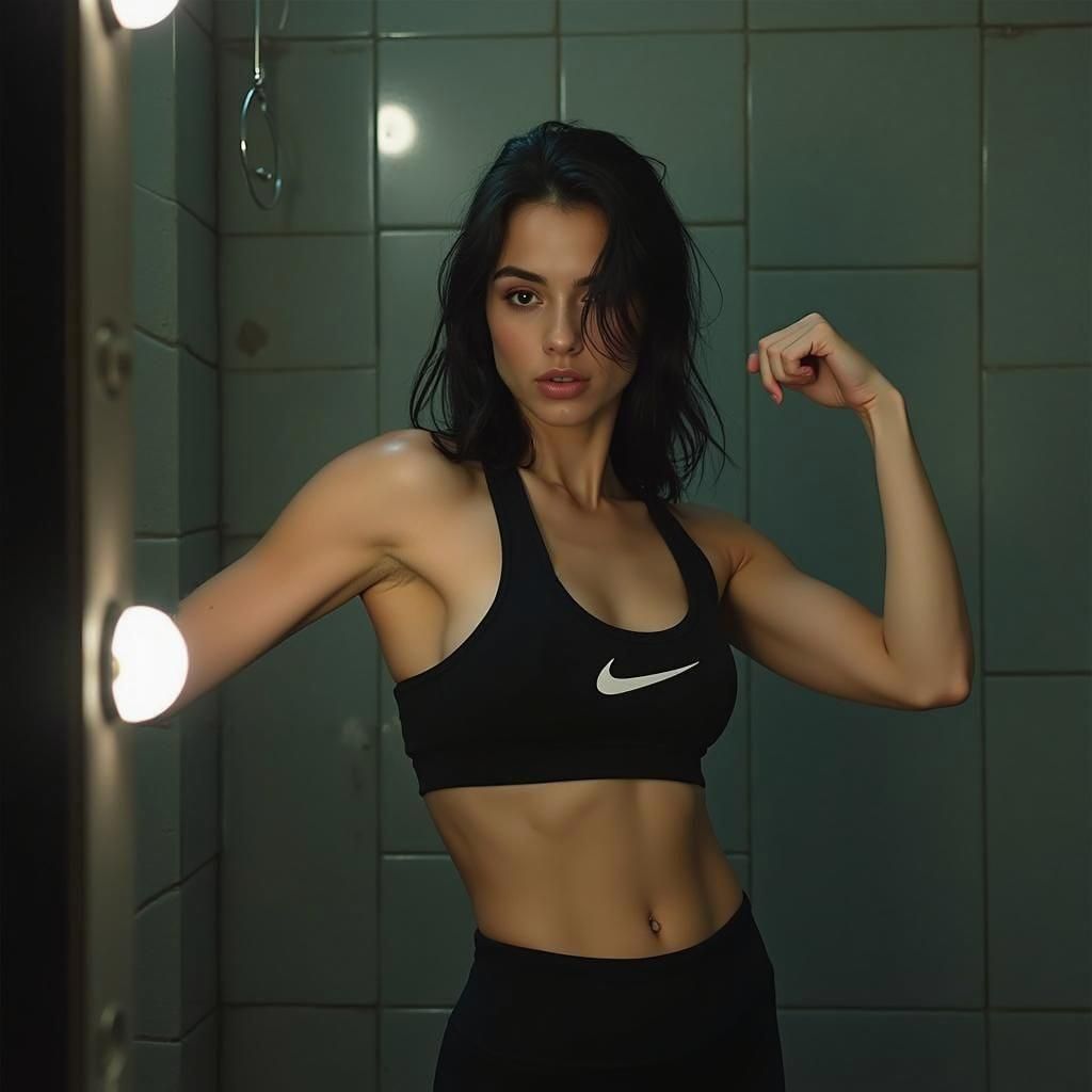 Woman Flexing Bicep in Mirror Selfie