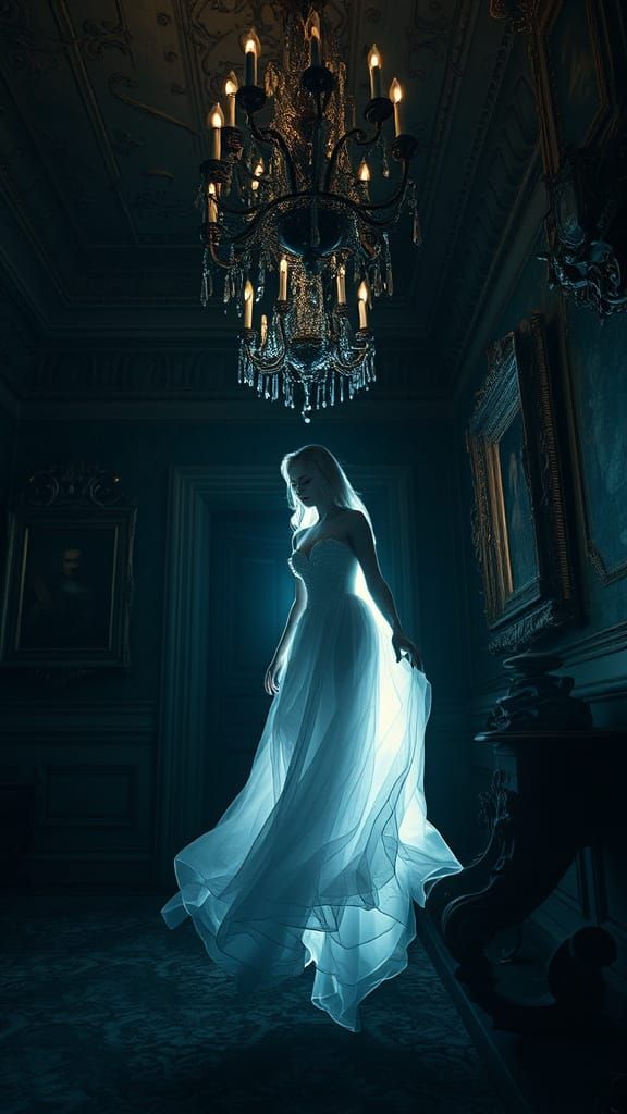 Ethereal Ghost in Old Mansion, Dark Elegance