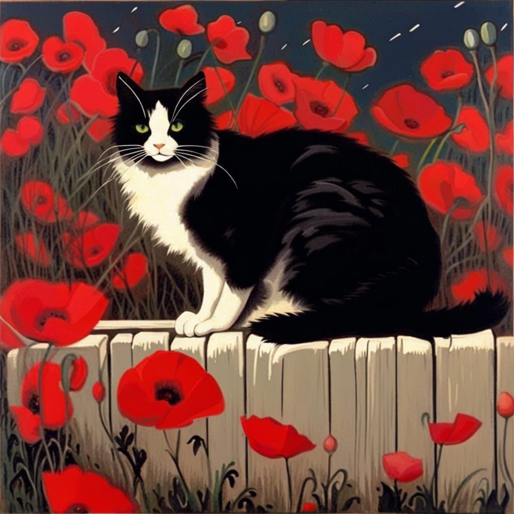 Cat in Poppy Field Under Starry Night Sky