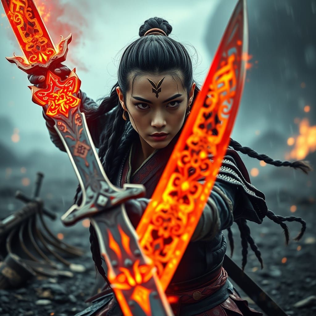 Female Samurai Warrior with Glowing Sword in Desolate Landsc...