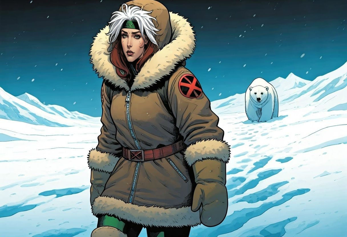 Rogue in Arctic Eskimo Coat, Polar Bear in Background