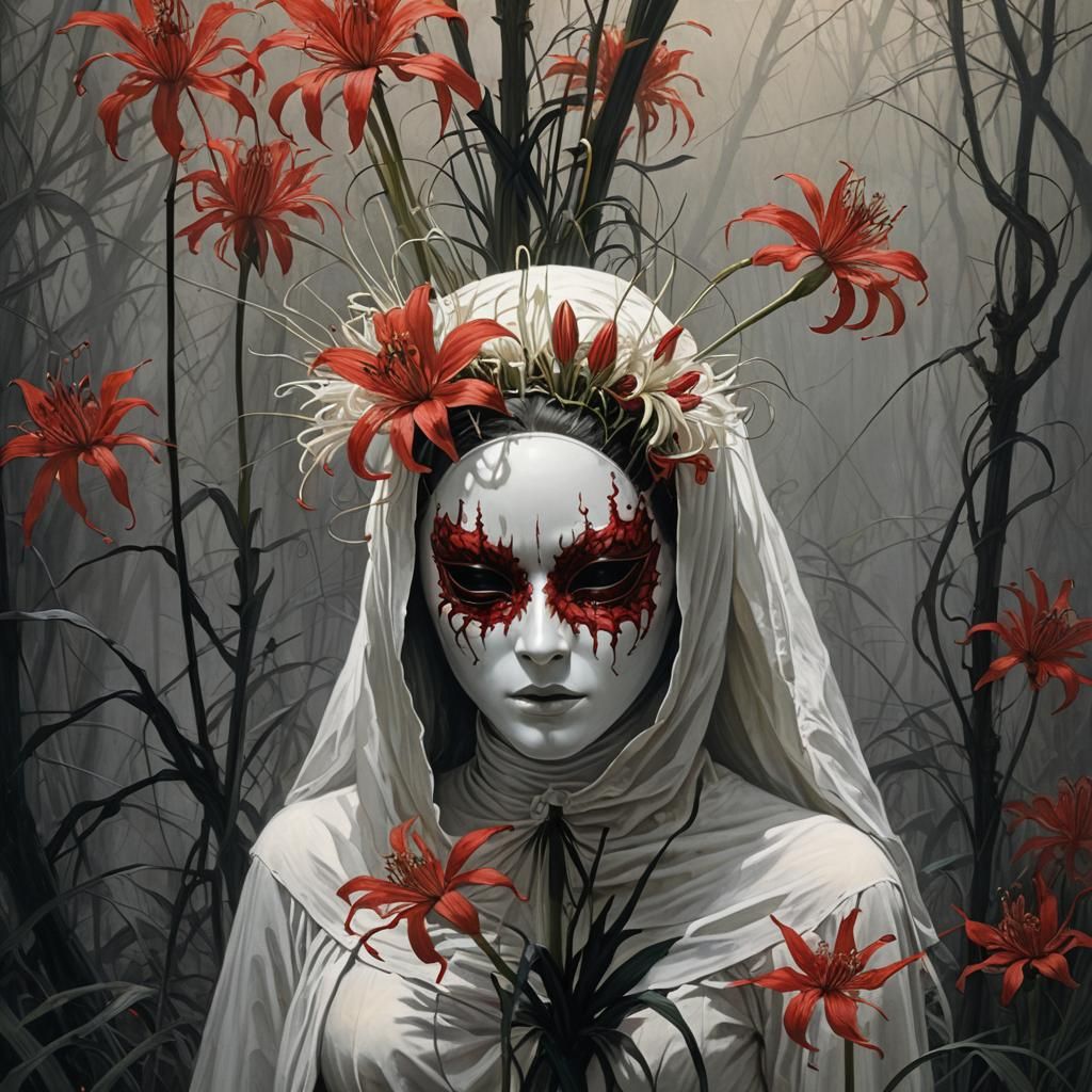 Woman in White Mask with Red Lily