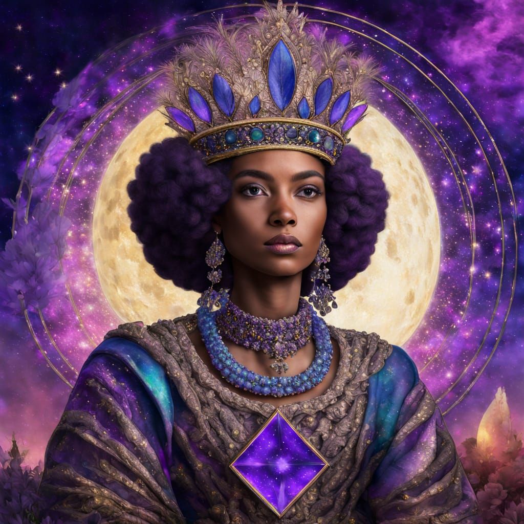 Surreal Cosmic Queen in Iridescent Holographic Attire