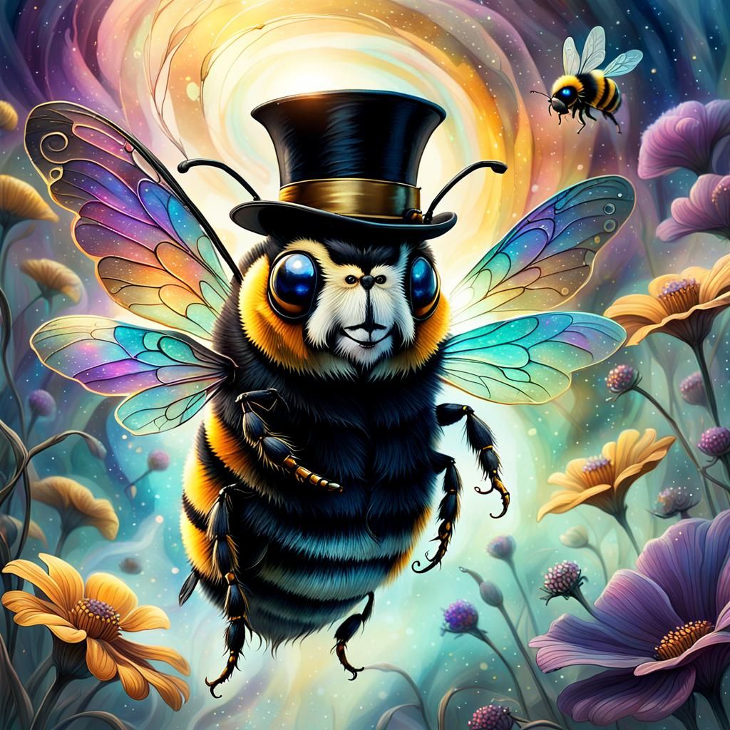 Bee in Top Hat Flies Through Iridescent Mist