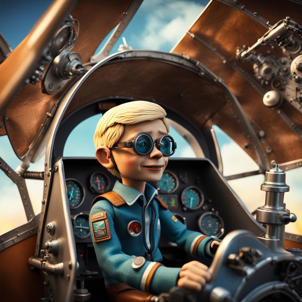 Boy Pilot Flies Plane in Sci-Fi Cockpit