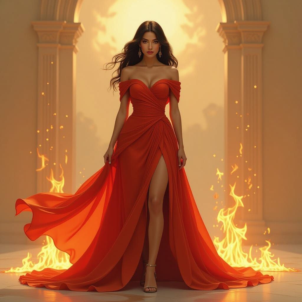 Woman in Fiery Gown: Ethereal Flames