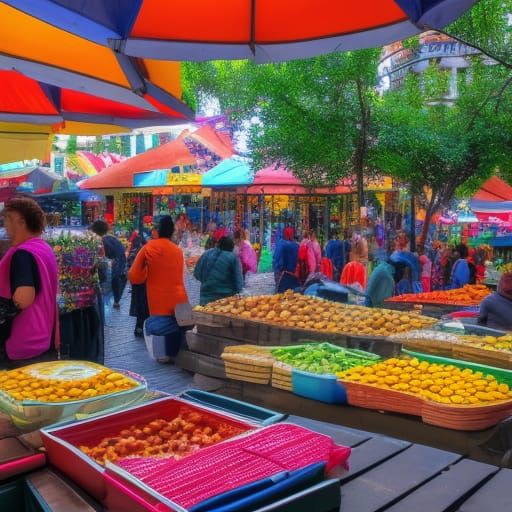 Colorful Crowded Village Marketplace in Hyperrealism
