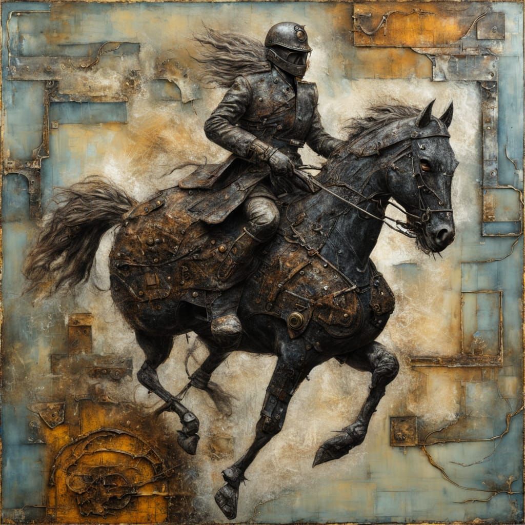 Biomechanical Rider in Dystopian Encaustic Abstraction