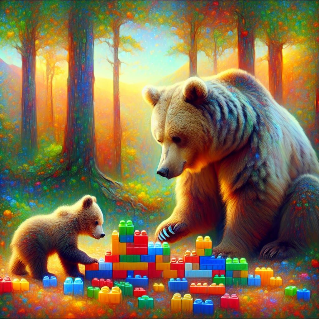 Bear helping little bear with Duplo