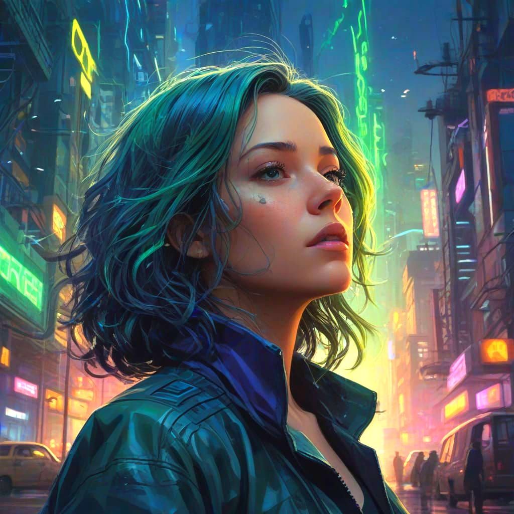 Ethereal Goddess in Cyberpunk Harmony