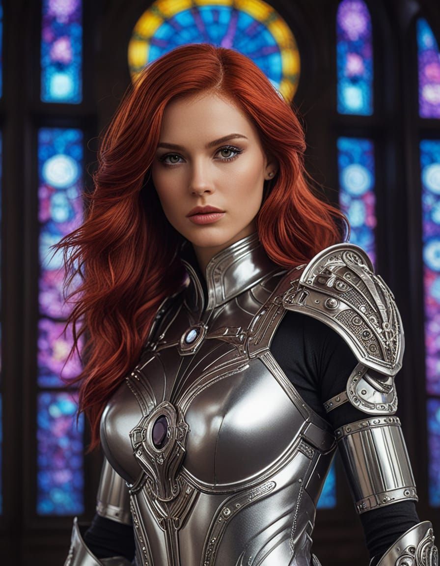 The image features a striking figure of a woman with flowing very long red hair  clad in a stunning, futuristic outfit m...