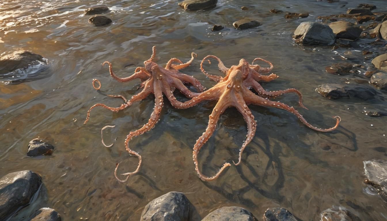 Impressionist Octopi on Rocky Beach in Sunlight