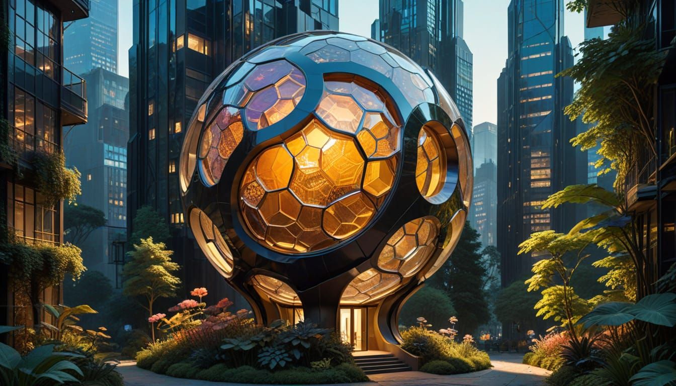 Golden Honeycomb Metropolis in Art Deco Style