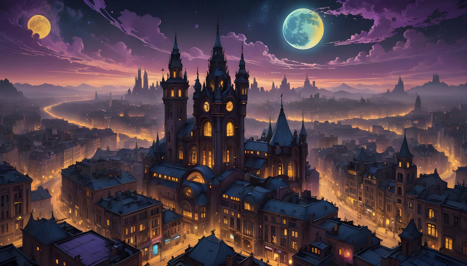 Futuristic Winter City Under Blue Moon, Dark Fantasy Art