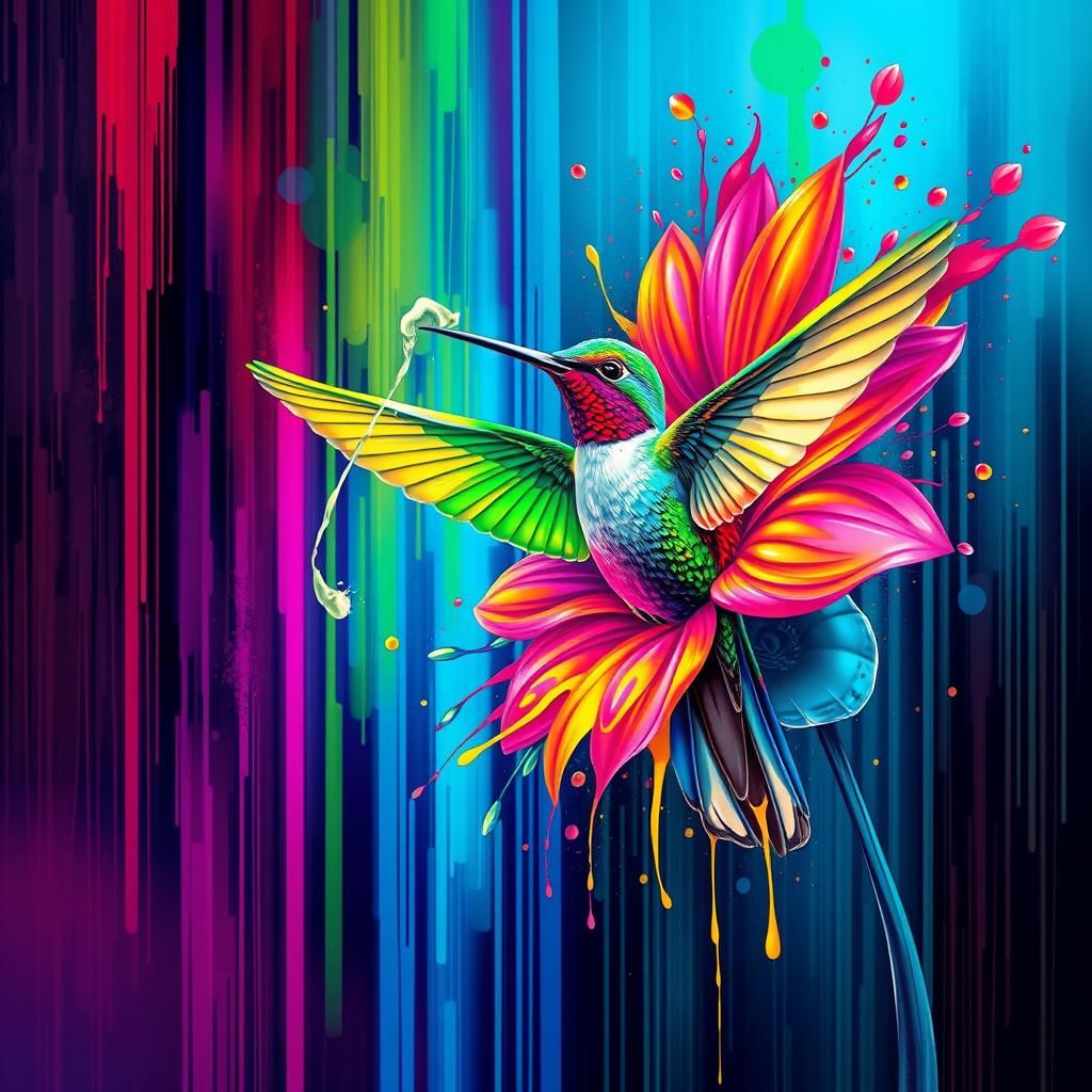 Hummingbird and Flower in Vivid Splash Art Style