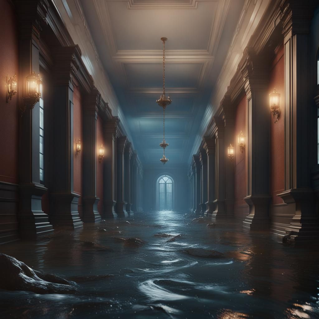Water Rushing Through School Hallway: Detailed Matte Paintin...