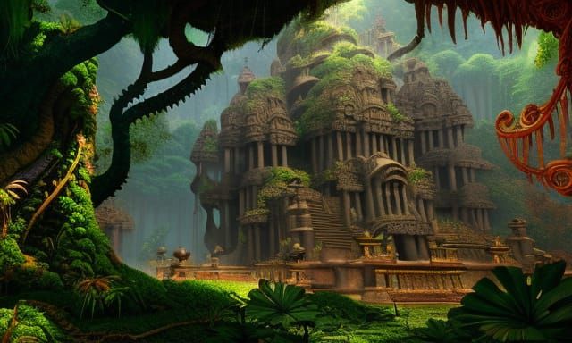 Detailed Jungle Temple Matte Painting in Deep Color