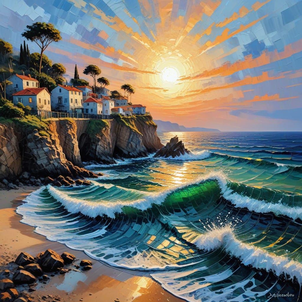 Dynamic Impasto Seascape Painting with Light and Shadow