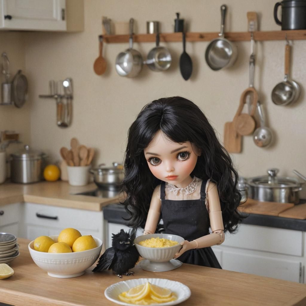 Hyperrealistic Doll Baking Lemon Pie in Kitchen