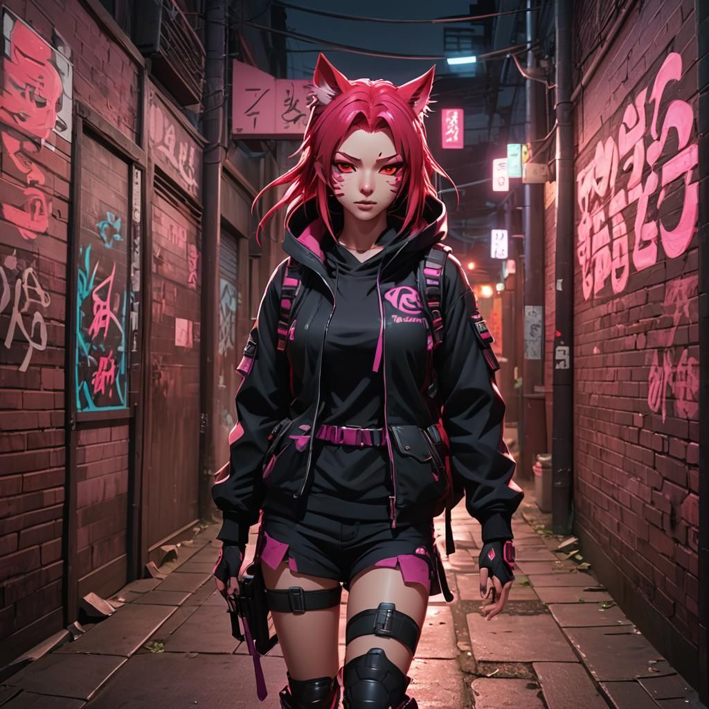Catgirl Shinobi in Alleyway: Hyper-Realistic 3D Anime