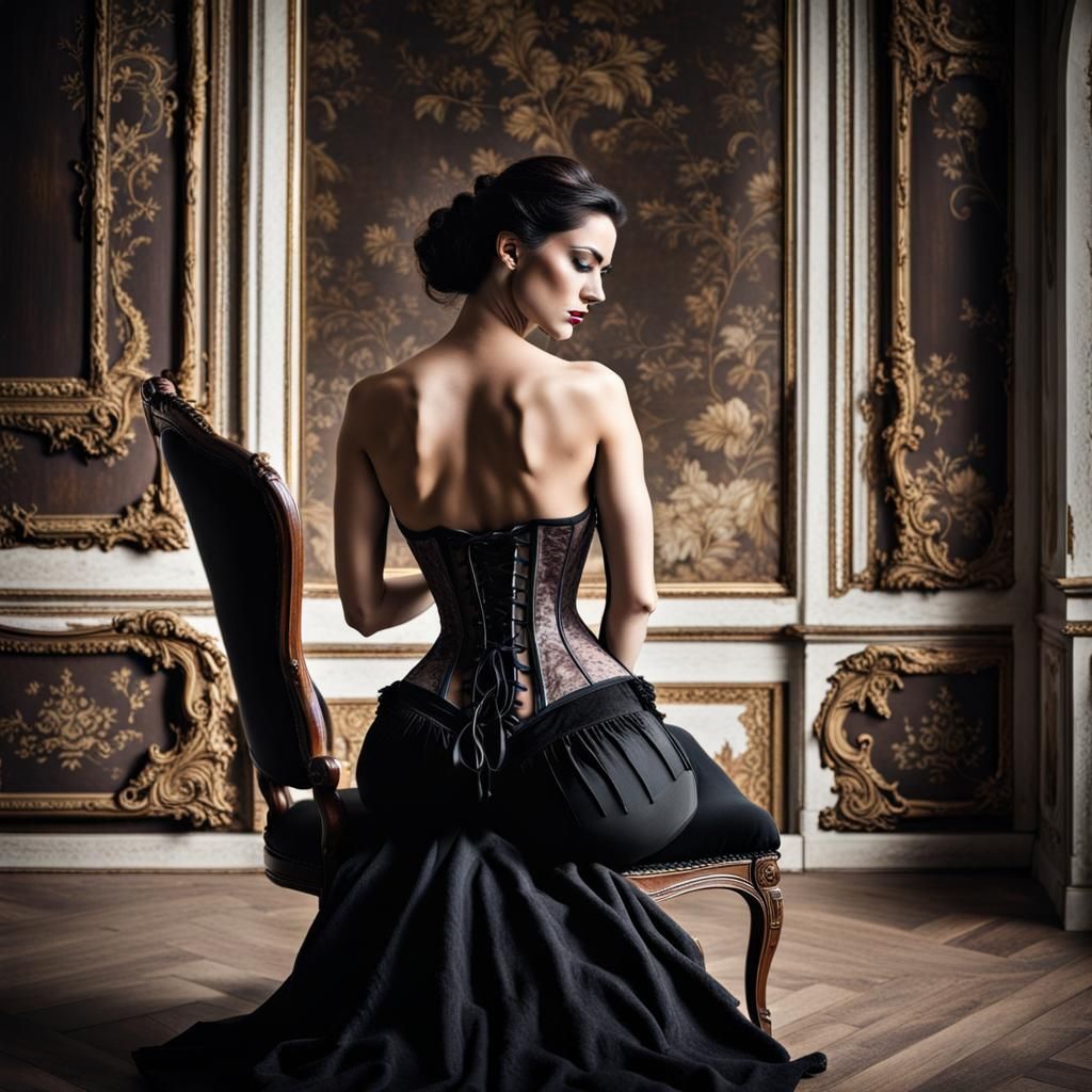 A sensual brunette woman sitting on her knees ,  view from behind, wearing a corset, in an antique baroque chair
