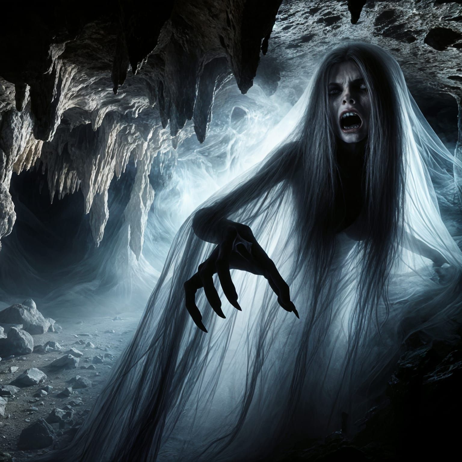 Ethereal Banshee Tormented by Cave's Dark Depths