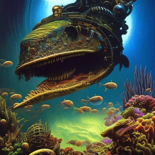 Alien Aquatic Steampunk in Psychedelic Horror Style