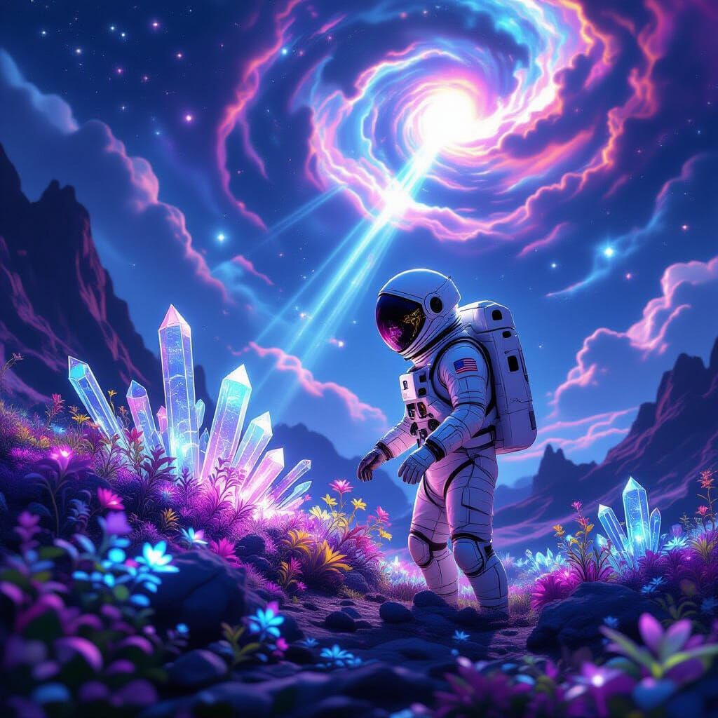 Astronaut Tends Bioluminescent Alien Garden Under Nebula Sky