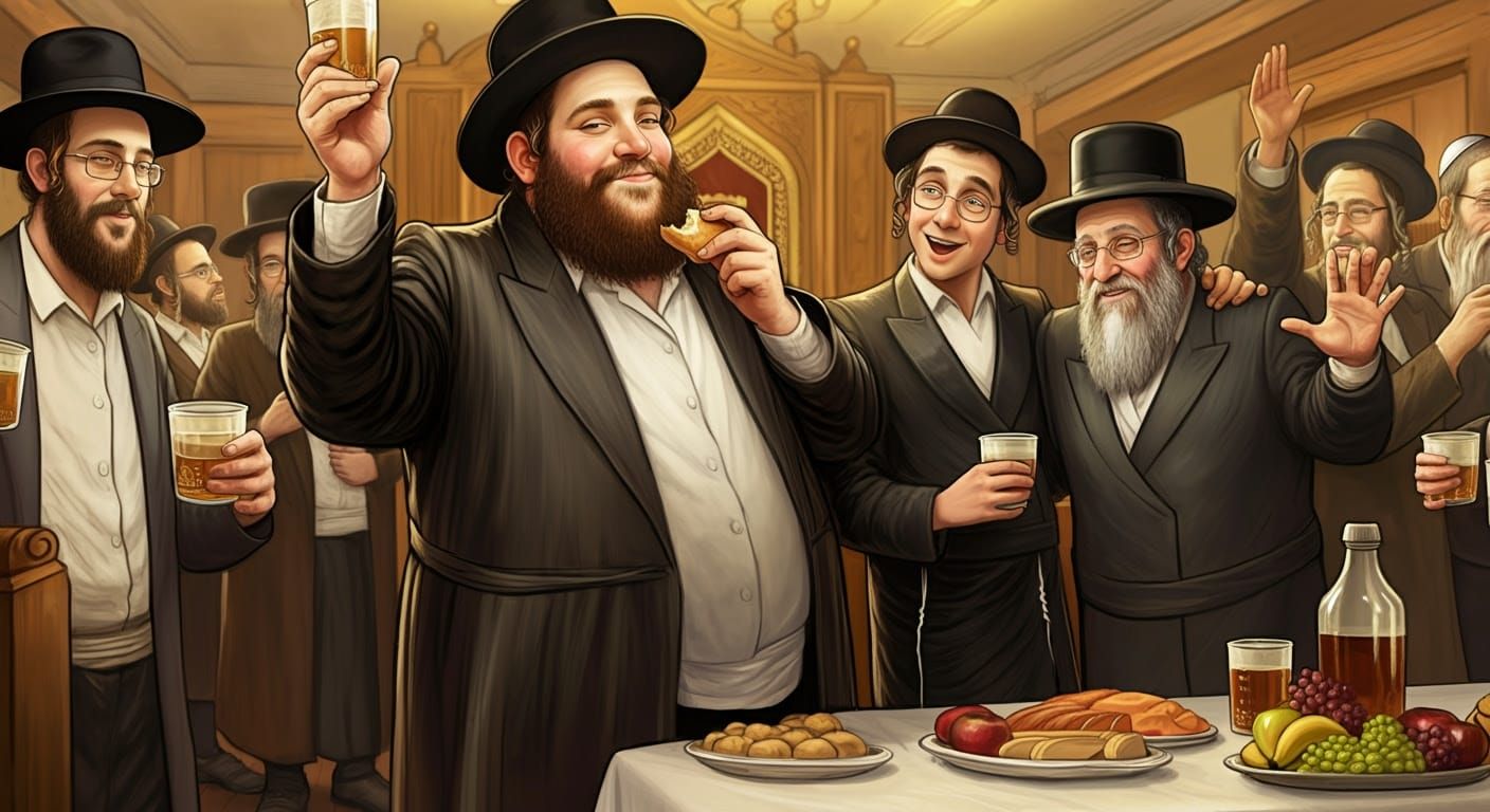 Digital Comic-Style Illustration of Joyful Hasidic Gathering