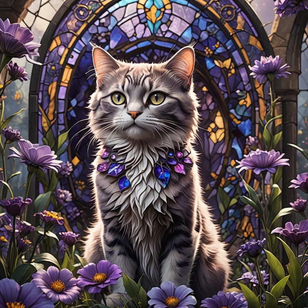 Cat in Purple Flower Stained Glass World