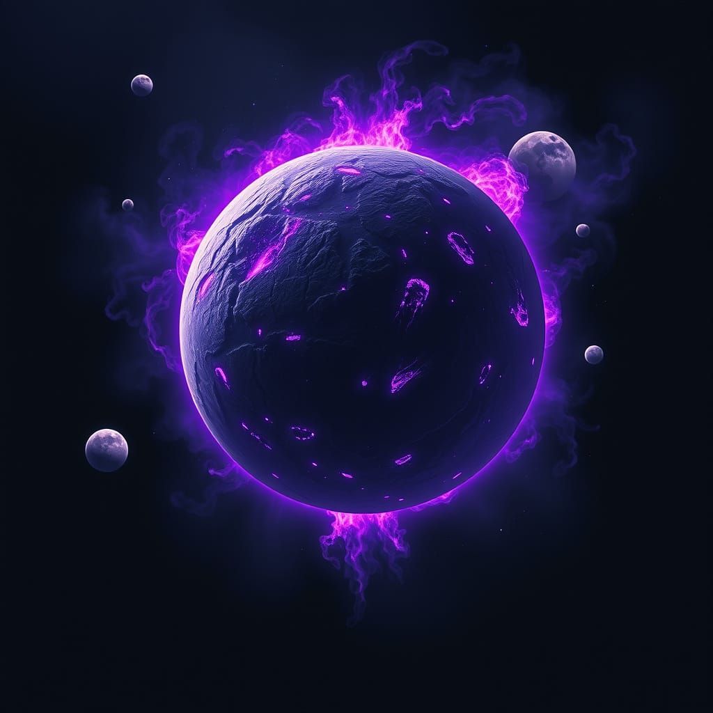 Mysterious Dark Planet in Ethereal Purple Haze with Three Mo...
