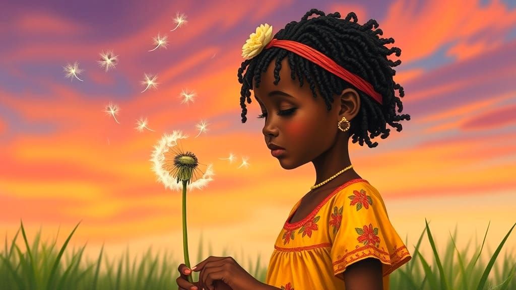 African Girl Blows Dandelion Seeds in a Warli Art Painting
