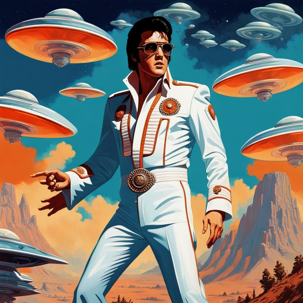 Elvis Presley Battles Aliens in Surreal Sci-Fi Art