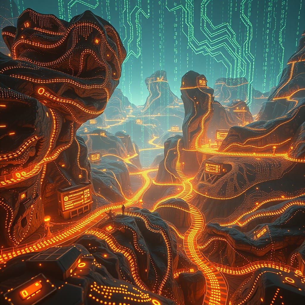 Surreal 3D World Made of Luminous Binary Code