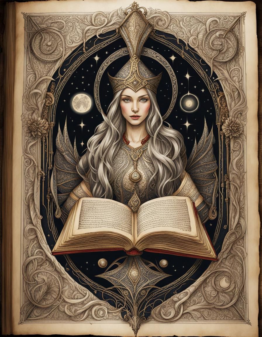 Sorceress Climbing Out of Spellbook Illustration