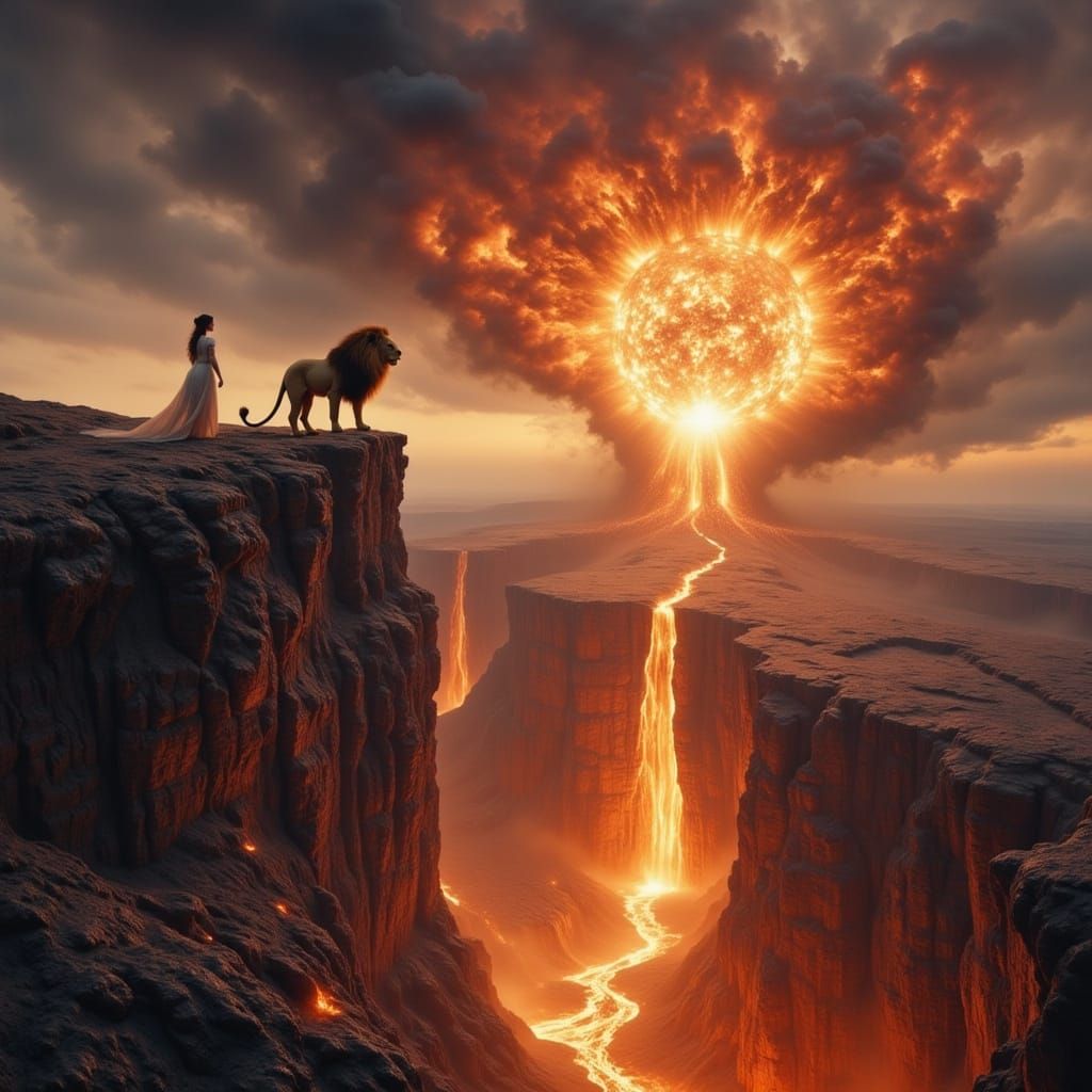 Maiden and Lion Guardian in Volcanic Landscape