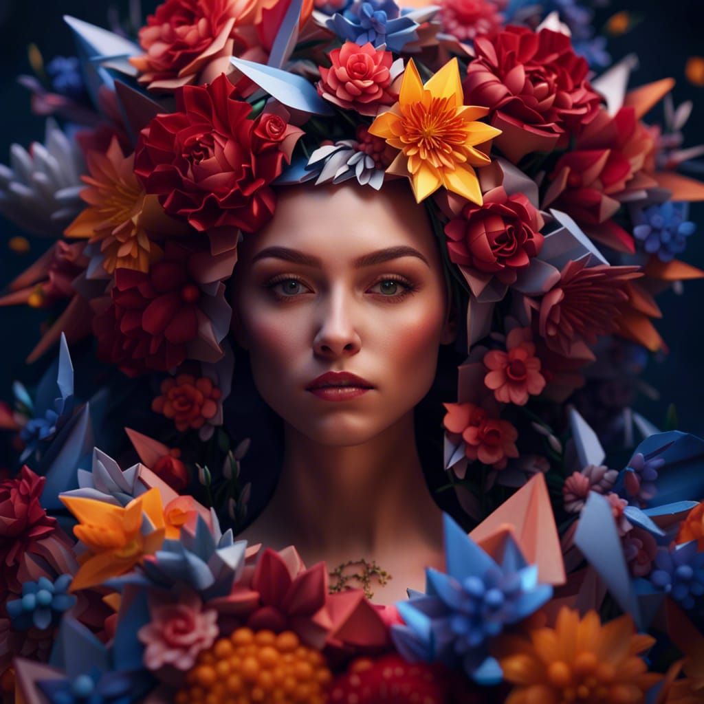 Origami Bride Portrait with Flowers in Detailed Painting