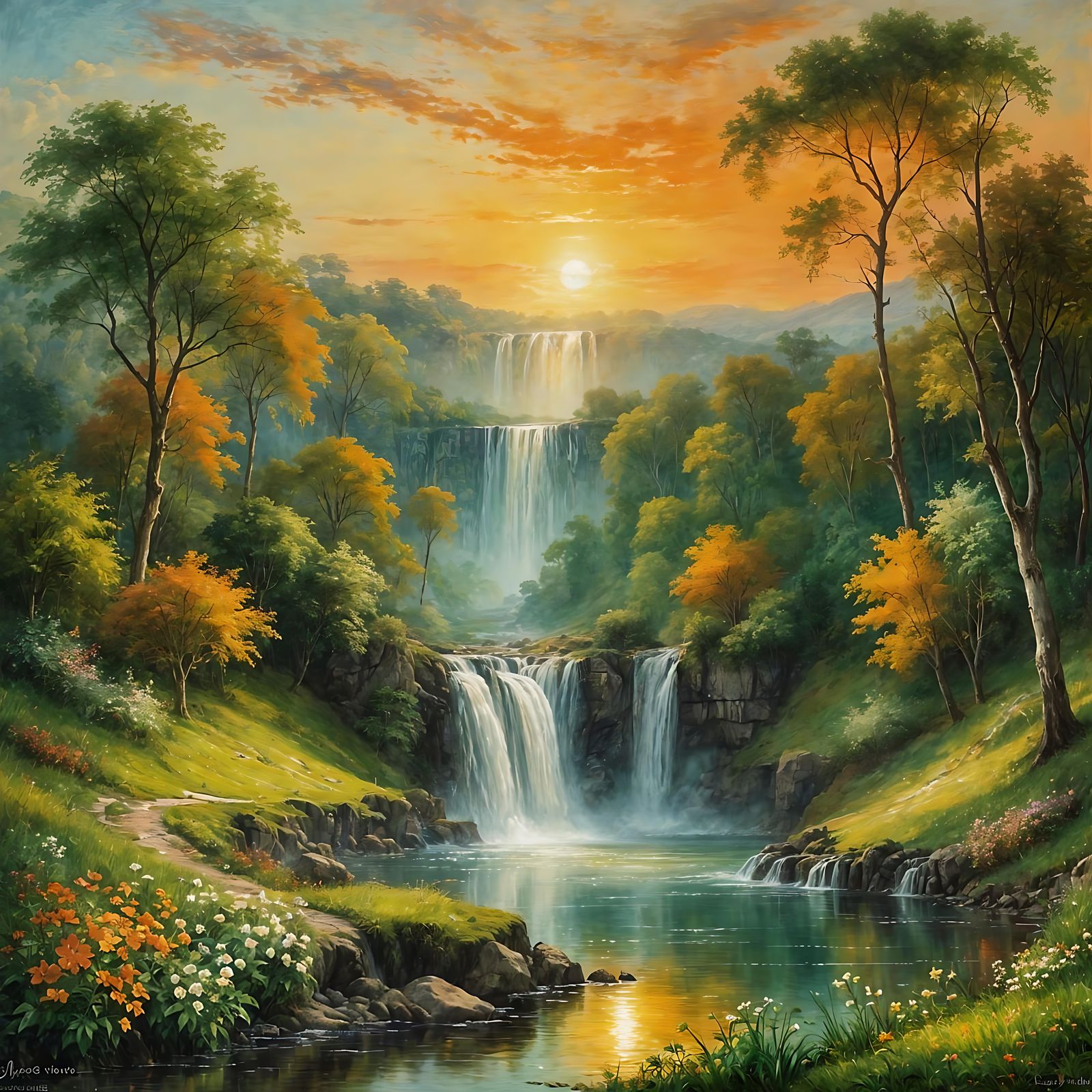 Waterfall in Impressionistic Oil Painting Style