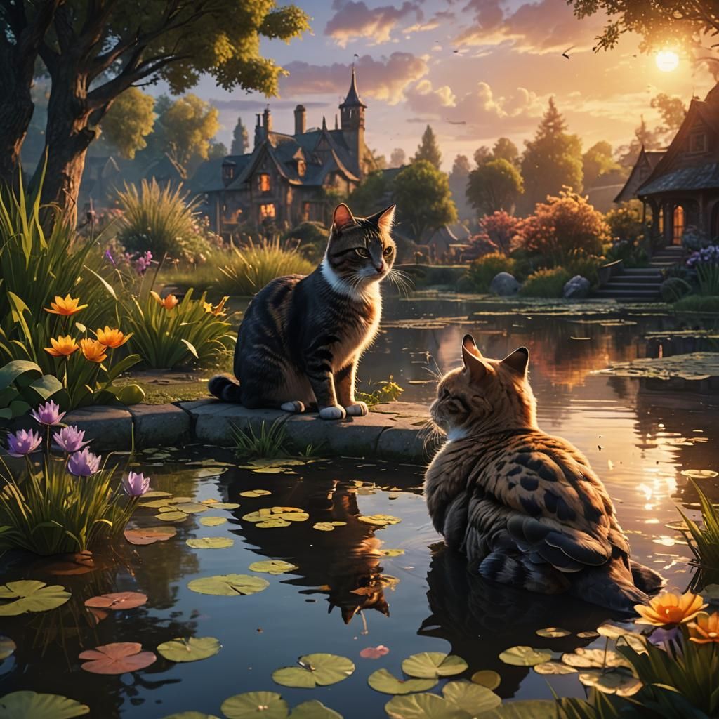 Cat and Duck Cuddling at Sunset: Fantasy Art